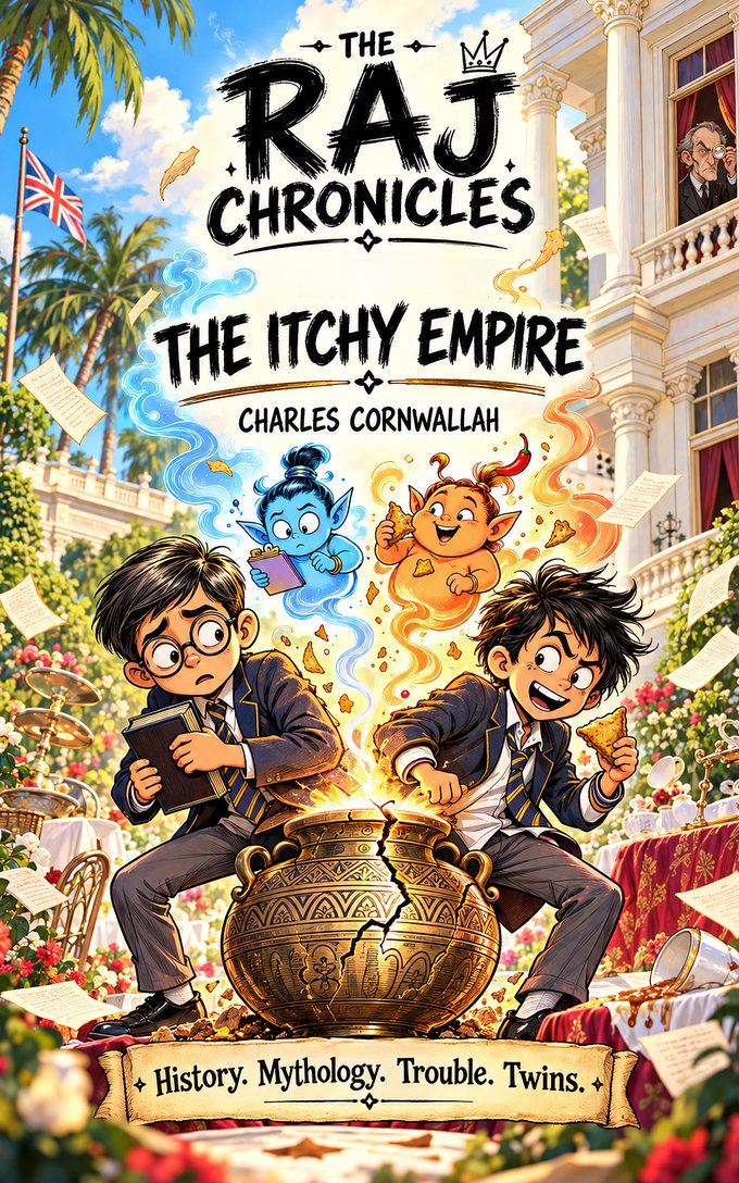 Cover of The Itchy Empire, the first book of The Raj Chronicles, by Charles Cornwallah. Twin boys in school blazers, one in round spectacles clutching a book, the other grinning with a samosa, sit either side of a cracking brass pot as two tiny spirits, one glowing blue and one glowing orange, burst out of it. A headmaster with a monocle watches from a colonial mansion window.
