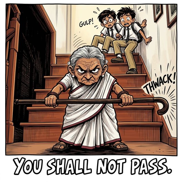 Dadi blocks the stairs with her walking stick while the twins try to sneak past. Caption: You shall not pass.